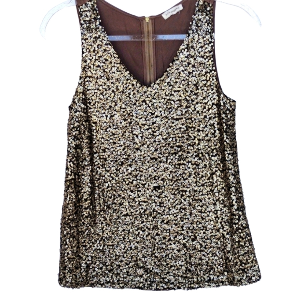 Blue Pepper Sequin Top Women L Brown Metallic Sparkly Cocktail Party Sleeveless